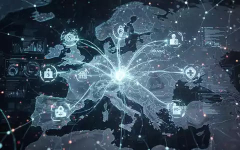 Glühendes neuronales Netz mit abstraktem Datenfluss verbindet Bank- und Gesundheitssektor-Icons über Europakarte. - Foto: über boerse-global.de