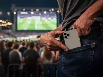 Eine Hand greift in die Gesäßtasche einer Person, um ein Smartphone zu stehlen, in einer Menschenmenge bei einem Public Viewing. - Foto: über boerse-global.de