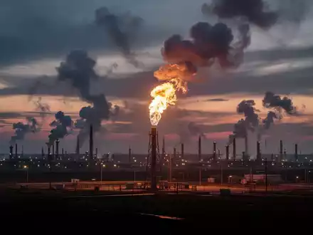 Eine Gasfackel brennt hell in einer weiten, dunklen Industrielandschaft bei Sonnenuntergang, mit Rauchfahnen vor einem dramatischen Himmel. - Foto: über boerse-global.de