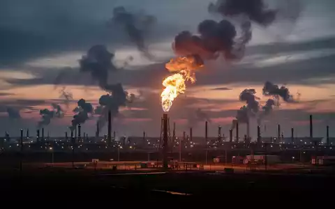 Eine Gasfackel brennt hell in einer weiten, dunklen Industrielandschaft bei Sonnenuntergang, mit Rauchfahnen vor einem dramatischen Himmel. - Foto: über boerse-global.de