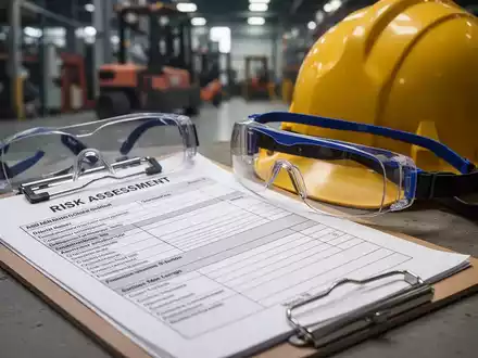 Ein Klemmbrett mit einem Formular zur Gefährdungsbeurteilung, Schutzbrille und Schutzhelm auf unscharfem industriellen Hintergrund. - Foto: über boerse-global.de