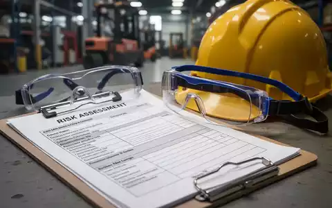 Ein Klemmbrett mit einem Formular zur Gefährdungsbeurteilung, Schutzbrille und Schutzhelm auf unscharfem industriellen Hintergrund. - Foto: über boerse-global.de