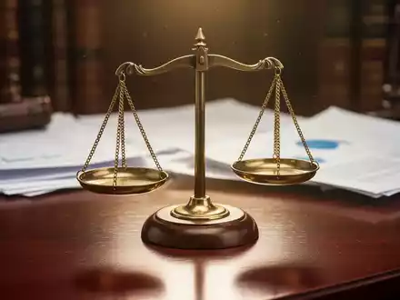 Eine Waage der Gerechtigkeit auf einem dunklen Holztisch, im Hintergrund unscharfe juristische Dokumente, die Rechtsfragen symbolisieren. - Foto: über boerse-global.de