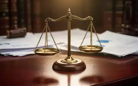 Eine Waage der Gerechtigkeit auf einem dunklen Holztisch, im Hintergrund unscharfe juristische Dokumente, die Rechtsfragen symbolisieren. - Foto: über boerse-global.de