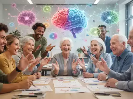Eine Gruppe lachender Menschen unterschiedlichen Alters, die an einem interaktiven Gedächtnistraining teilnehmen. - Foto: über boerse-global.de