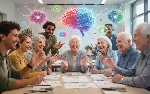 Eine Gruppe lachender Menschen unterschiedlichen Alters, die an einem interaktiven Gedächtnistraining teilnehmen. - Foto: über boerse-global.de