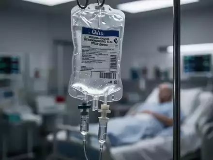 Nahaufnahme eines Infusionsbeutels und Schläuchen, die eine intravenöse Thrombolyse bei Schlaganfallpatienten symbolisieren. - Foto: über boerse-global.de