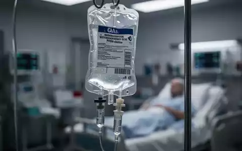 Nahaufnahme eines Infusionsbeutels und Schläuchen, die eine intravenöse Thrombolyse bei Schlaganfallpatienten symbolisieren. - Foto: über boerse-global.de