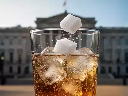 Ein Glas mit einem sprudelnden, zuckerhaltigen Getränk und einem sich auflösenden Zuckerwürfel, im Hintergrund ein Regierungsgebäude. - Foto: über boerse-global.de