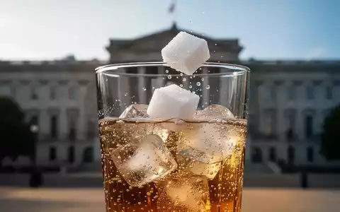 Ein Glas mit einem sprudelnden, zuckerhaltigen Getränk und einem sich auflösenden Zuckerwürfel, im Hintergrund ein Regierungsgebäude. - Foto: über boerse-global.de