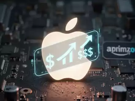 Ein leuchtendes Apple-Logo wird teilweise von einem digitalen Preisschild mit Aufwärtspfeil und Dollarzeichen verdeckt, im Hintergrund verschwommene Technik. - Foto: über boerse-global.de
