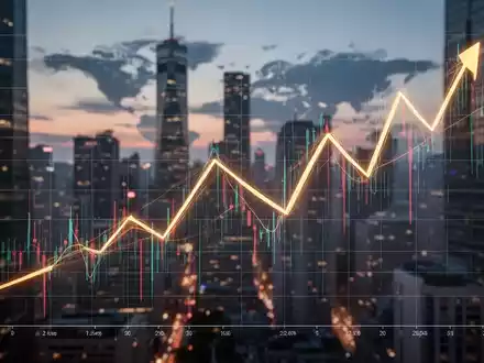 Ein stilisierter Finanzgrafik, der einen starken Rückgang und eine anschließende Erholung zeigt, vor einem globalen Finanzviertel bei Dämmerung. - Foto: über boerse-global.de