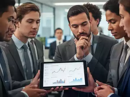 Mitarbeiter in einem modernen Büro, die auf ein Tablet mit Finanzgrafiken blicken, was betriebliche Krankenversicherung und finanzielle Belastung symbolisiert. - Foto: über boerse-global.de