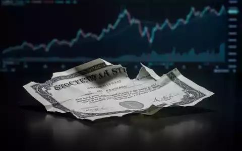 Ein zerknittertes Aktienzertifikat liegt auf einer dunklen Oberfläche, im Hintergrund verschwommene, fallende Finanzdiagramme. - Foto: über boerse-global.de