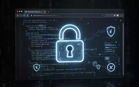 Leuchtendes Vorhängeschloss-Symbol über einem PDF-Dokument im Webbrowser, umgeben von Code und Verschlüsselungssymbolen, für clientseitige PDF-Sicherheit. - Foto: über boerse-global.de