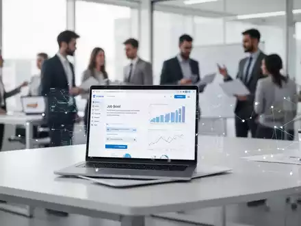 Ein moderner Schreibtisch mit Laptop, der Stellenangebote im Bereich Personal- und Office Management anzeigt, umgeben von einem unscharfen Büro. - Foto: über boerse-global.de