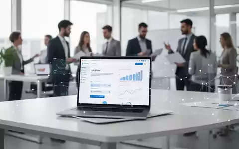 Ein moderner Schreibtisch mit Laptop, der Stellenangebote im Bereich Personal- und Office Management anzeigt, umgeben von einem unscharfen Büro. - Foto: über boerse-global.de