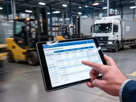 Eine Hand tippt auf einem Tablet, das eine digitale Arbeitszeittabelle in einem geschäftigen Logistiklager anzeigt. - Foto: über boerse-global.de