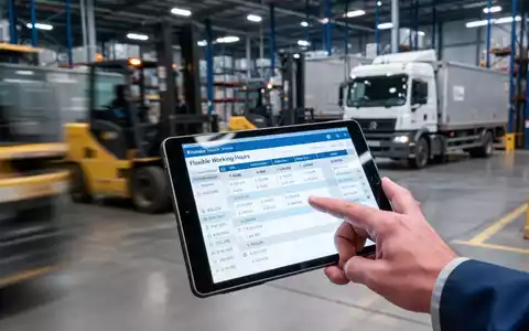 Eine Hand tippt auf einem Tablet, das eine digitale Arbeitszeittabelle in einem geschäftigen Logistiklager anzeigt. - Foto: über boerse-global.de