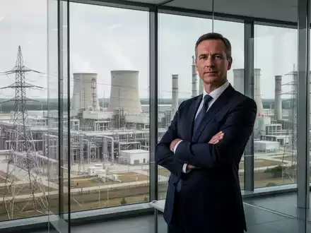Ein Manager in einem Anzug steht vor einem Fenster mit Blick auf ein modernes Kraftwerk, das Führung und Energieerzeugung symbolisiert. - Foto: über boerse-global.de