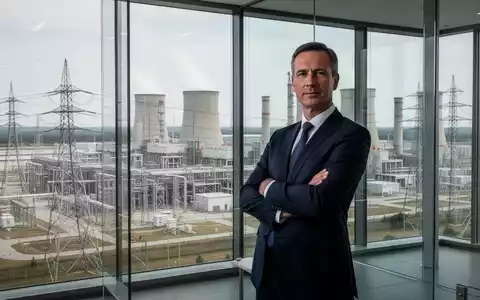 Ein Manager in einem Anzug steht vor einem Fenster mit Blick auf ein modernes Kraftwerk, das Führung und Energieerzeugung symbolisiert. - Foto: über boerse-global.de