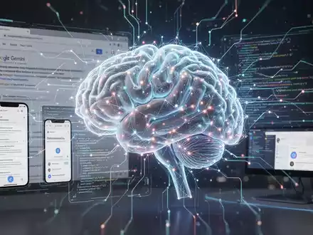 Glühendes KI-Gehirn-Netzwerk integriert mit digitalen Bildschirmen, das die neuen Computersteuerungs- und Automatisierungsfunktionen von Gemini darstellt. - Foto: über boerse-global.de