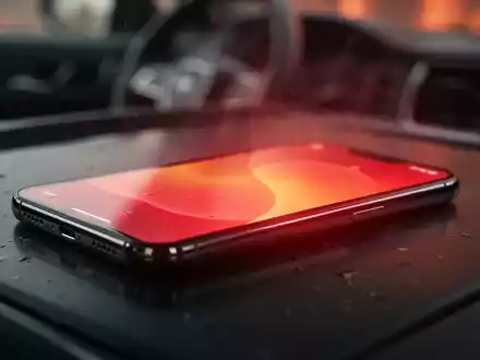 Ein Smartphone mit rot glühendem Bildschirm liegt auf einer dunklen Fläche, umgeben von einem Hitzeschimmer. - Foto: über boerse-global.de