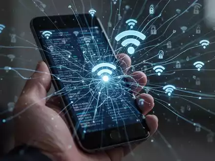 Eine Hand hält ein iPhone, das von einem komplexen Netz aus Datenleitungen und Wi-Fi-Symbolen umgeben ist. - Foto: über boerse-global.de