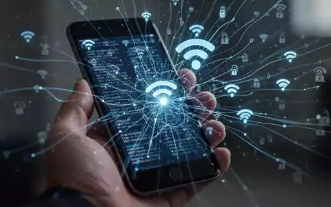 Eine Hand hält ein iPhone, das von einem komplexen Netz aus Datenleitungen und Wi-Fi-Symbolen umgeben ist. - Foto: über boerse-global.de