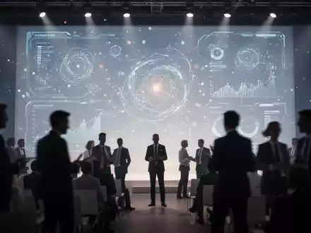 KI-Schnittstelle auf großer Konferenzleinwand, unscharfe Silhouetten von Teilnehmern im Vordergrund. - Foto: über boerse-global.de