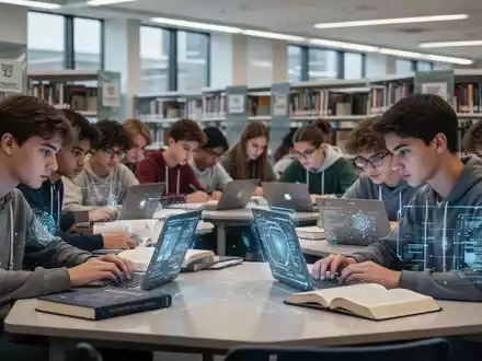 Eine Gruppe konzentrierter Abiturienten lernt in einer modernen Bibliothek, umgeben von Büchern und Laptops, mit Fokus auf Studium. - Foto: über boerse-global.de