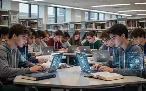 Eine Gruppe konzentrierter Abiturienten lernt in einer modernen Bibliothek, umgeben von Büchern und Laptops, mit Fokus auf Studium. - Foto: über boerse-global.de