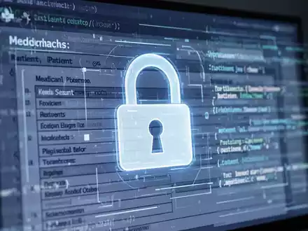 Digitales Vorhängeschloss-Symbol auf Bildschirm mit unscharfen Krankenakten, symbolisiert Datensicherheit im Gesundheitswesen. - Foto: über boerse-global.de