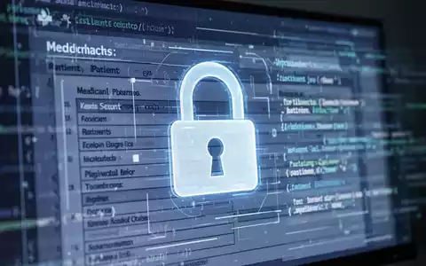 Digitales Vorhängeschloss-Symbol auf Bildschirm mit unscharfen Krankenakten, symbolisiert Datensicherheit im Gesundheitswesen. - Foto: über boerse-global.de