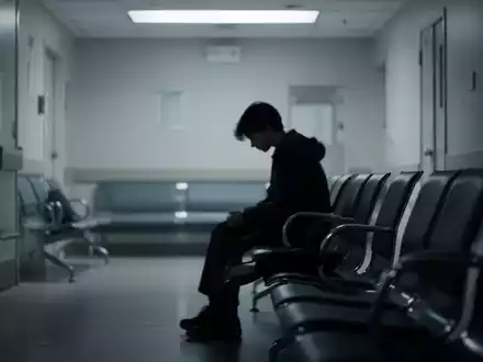 Eine Silhouette eines jungen Menschen sitzt allein auf einer Bank in einem Wartezimmer, was Isolation und langes Warten symbolisiert. - Foto: über boerse-global.de