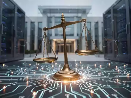 Eine stilisierte Darstellung eines leuchtenden neuronalen Netzes mit Waagschalen, die auf einer Seite balancieren, vor einem Gerichtsgebäude. - Foto: über boerse-global.de