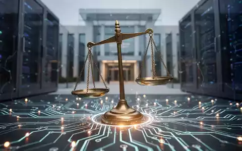 Eine stilisierte Darstellung eines leuchtenden neuronalen Netzes mit Waagschalen, die auf einer Seite balancieren, vor einem Gerichtsgebäude. - Foto: über boerse-global.de