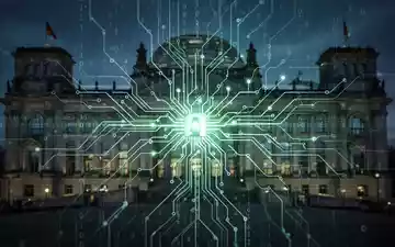 Eine stilisierte, leuchtende neuronale Netzstruktur mit Binärcode, die KI und Cyberbedrohungen darstellt, vor dem unscharfen Umriss des Reichstagsgebäudes. - Foto: über boerse-global.de