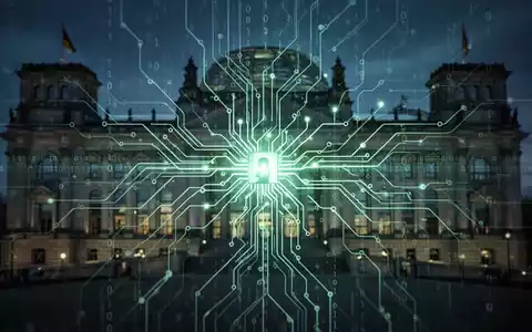 Eine stilisierte, leuchtende neuronale Netzstruktur mit Binärcode, die KI und Cyberbedrohungen darstellt, vor dem unscharfen Umriss des Reichstagsgebäudes. - Foto: über boerse-global.de
