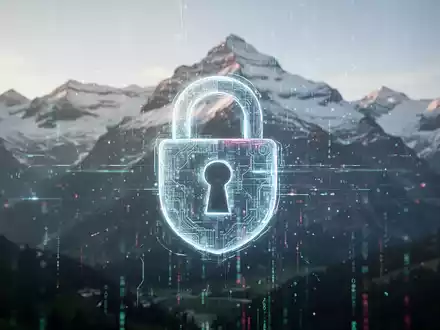 Ein stilisiertes Bild eines digitalen Vorhängeschlosses, das über einem verschwommenen Bild der Schweizer Alpen liegt, mit subtilen leuchtenden Datenströmen. - Foto: über boerse-global.de