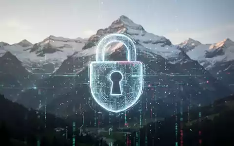 Ein stilisiertes Bild eines digitalen Vorhängeschlosses, das über einem verschwommenen Bild der Schweizer Alpen liegt, mit subtilen leuchtenden Datenströmen. - Foto: über boerse-global.de