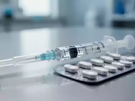 Eine Nahaufnahme einer modernen medizinischen Spritze und einer Packung Tabletten auf einer sterilen Oberfläche, die Präzision und medizinische Behandlung symbolisiert. - Foto: über boerse-global.de
