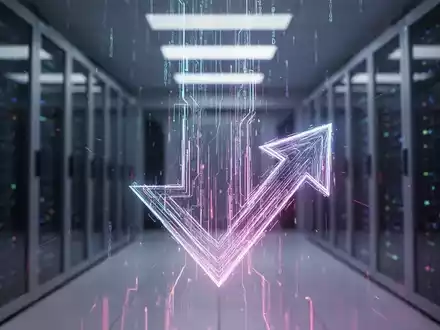 Eine stilisierte, nach unten gerichtete Pfeil aus digitalen Datenströmen, der Tech-Abflüsse symbolisiert, vor einem verschwommenen Rechenzentrum. - Foto: über boerse-global.de