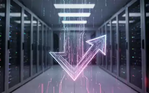 Eine stilisierte, nach unten gerichtete Pfeil aus digitalen Datenströmen, der Tech-Abflüsse symbolisiert, vor einem verschwommenen Rechenzentrum. - Foto: über boerse-global.de