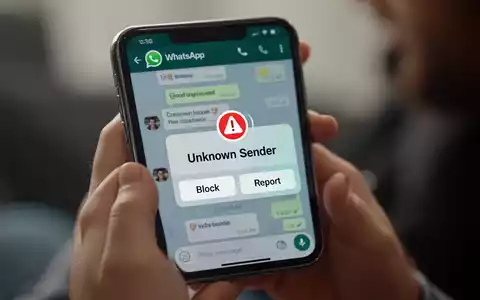 Ein Smartphone zeigt eine WhatsApp-Sicherheitswarnung vor unscharfem Hintergrund mit Händen, die das Gerät halten, und veranschaulicht neue Betrugsschutzfunktionen. - Foto: über boerse-global.de