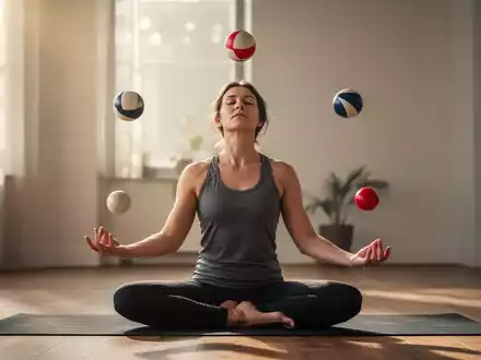 Eine Person in einer Yoga-Pose, umgeben von drei schwebenden Jonglierbällen, die Achtsamkeit und Bewegung symbolisieren. - Foto: über boerse-global.de