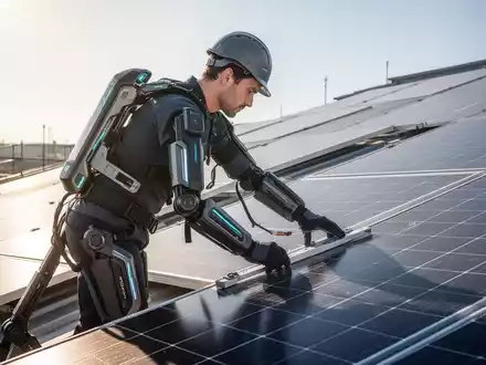 Ein Arbeiter trägt ein futuristisches Exoskelett, das seinen Rücken bei der Installation von Solarmodulen auf einem Dach unterstützt. - Foto: über boerse-global.de