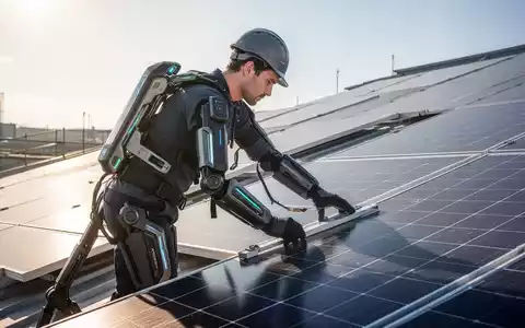 Ein Arbeiter trägt ein futuristisches Exoskelett, das seinen Rücken bei der Installation von Solarmodulen auf einem Dach unterstützt. - Foto: über boerse-global.de