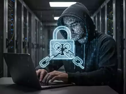 Eine Person mit Kapuzenpullover tippt an einem Laptop, im Hintergrund Server-Racks. Ein digitales Schloss-Symbol mit einer zerbrochenen Kette. - Foto: über boerse-global.de