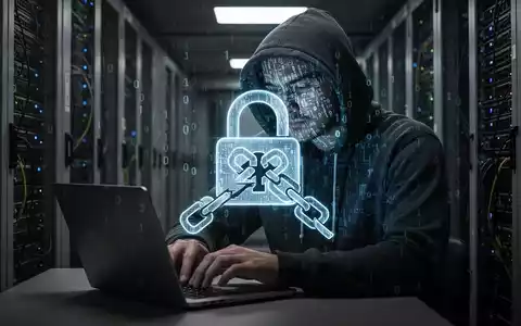 Eine Person mit Kapuzenpullover tippt an einem Laptop, im Hintergrund Server-Racks. Ein digitales Schloss-Symbol mit einer zerbrochenen Kette. - Foto: über boerse-global.de